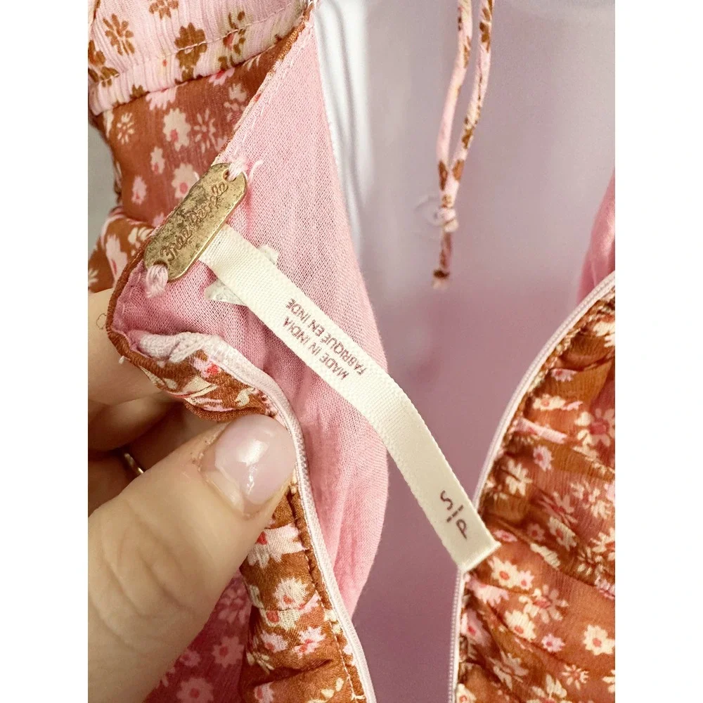Free‎ People Tessa Floral Ruched Mini Cutout Dress Pink Rust Orange Size Small